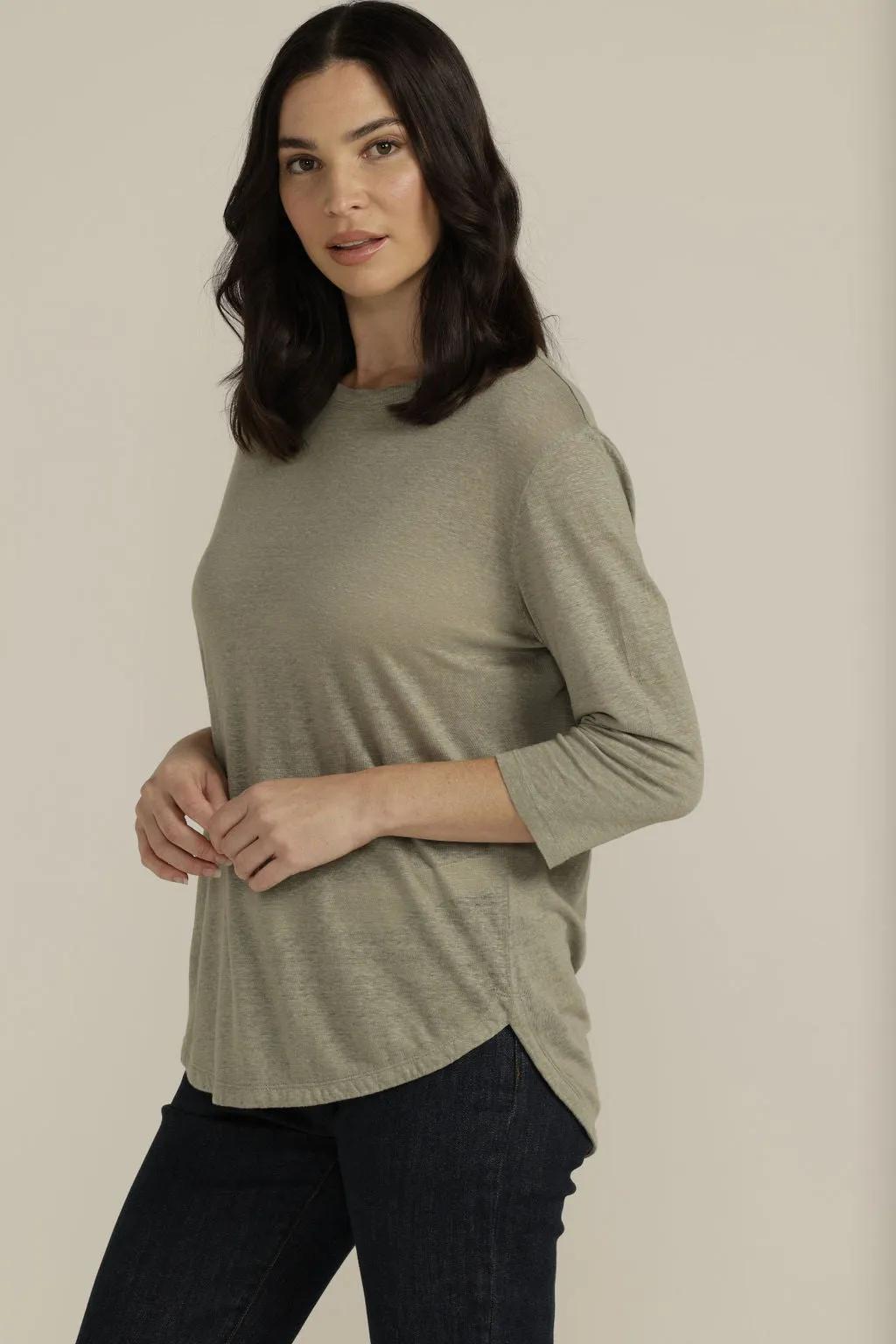 Linen 3/4 Sleeve Crew Neck Tee Khaki Light