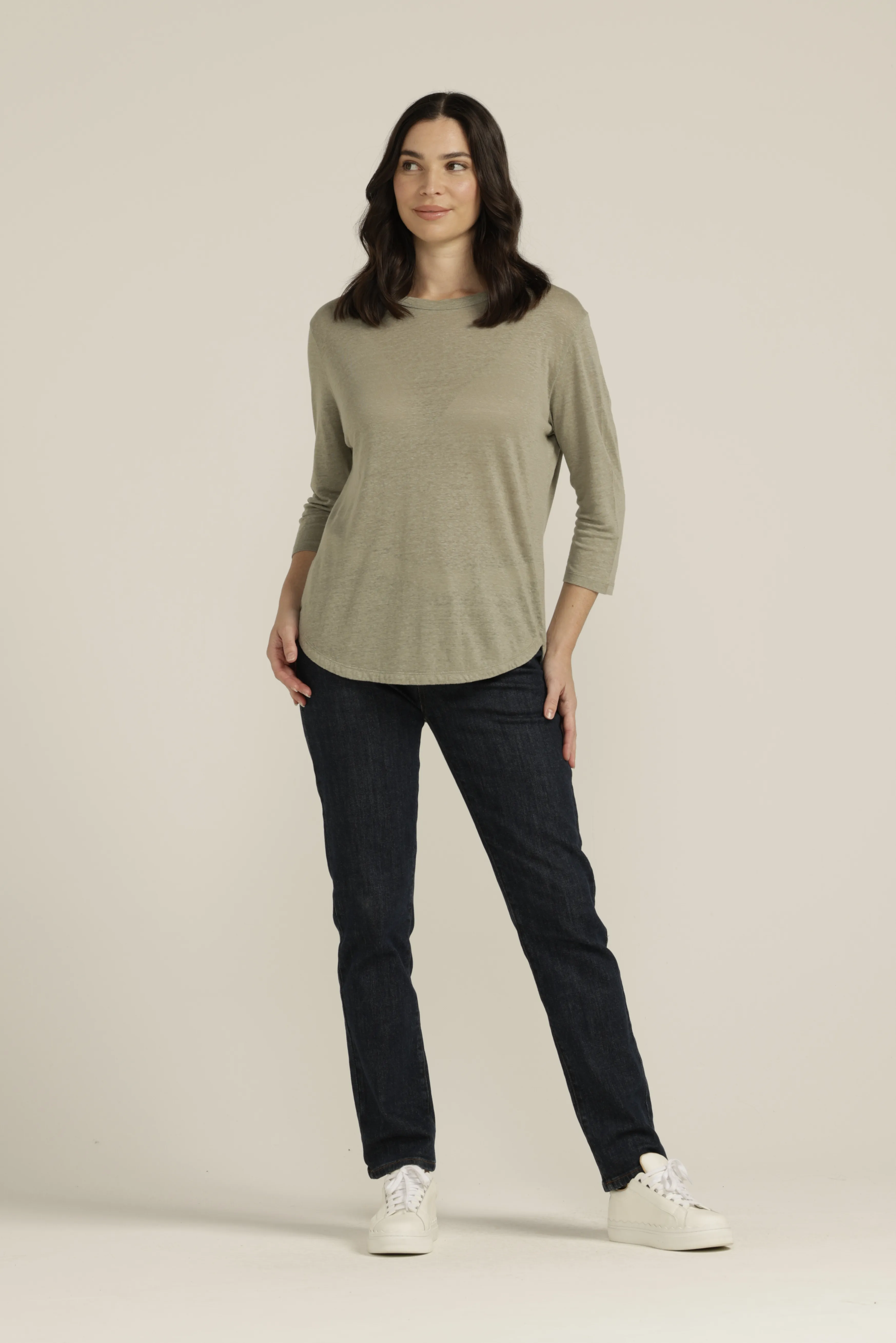 Linen 3/4 Sleeve Crew Neck Tee Khaki Light