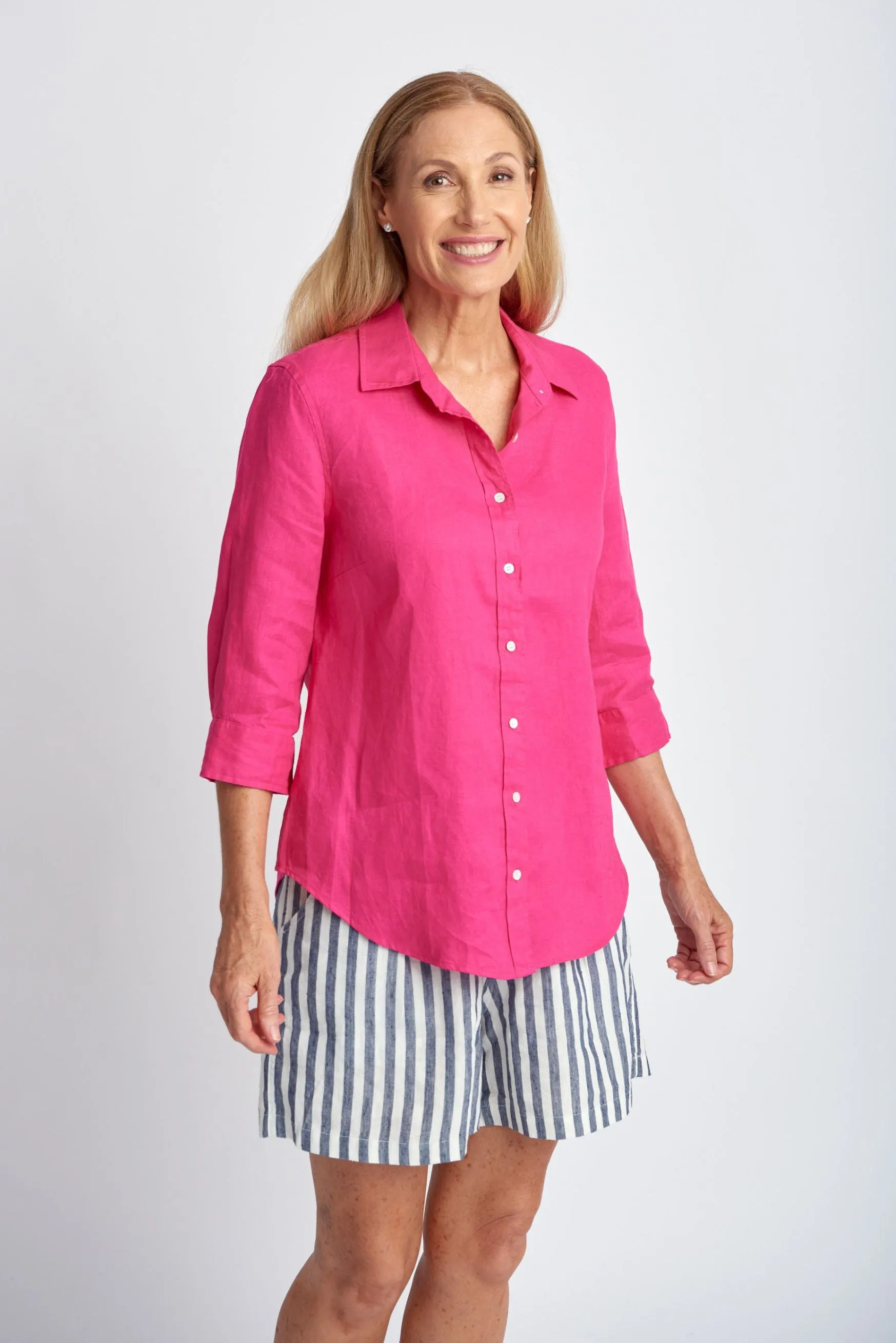 Linen 3/4 Sleeve Shirt Bright Pink