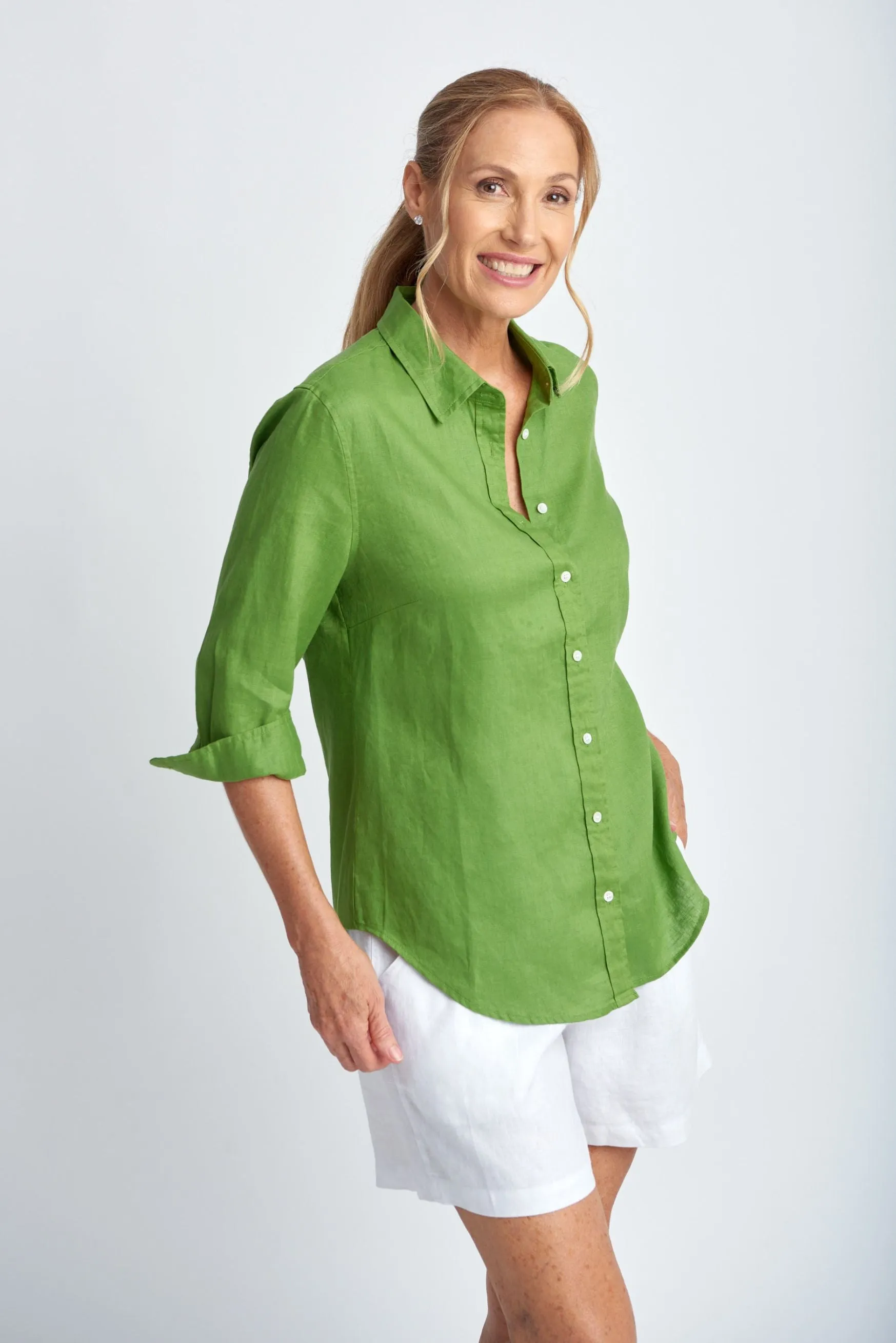 Linen 3/4 Sleeve Shirt Leaf Green