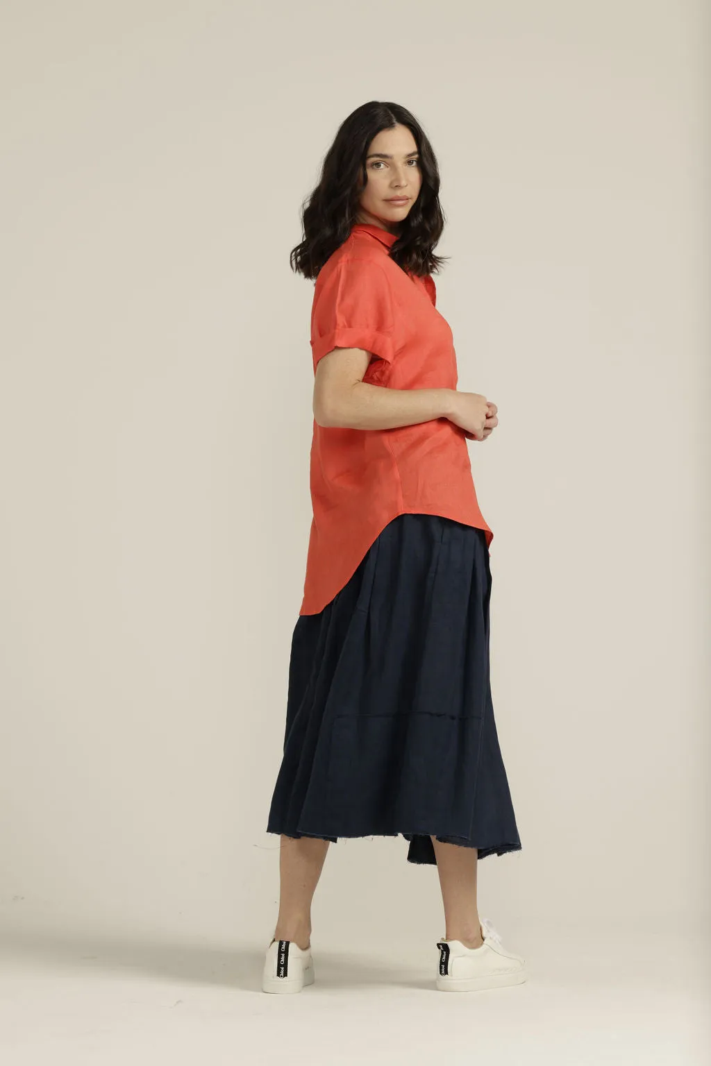 Linen Cuffed Short Sleeve Shirt Chilli