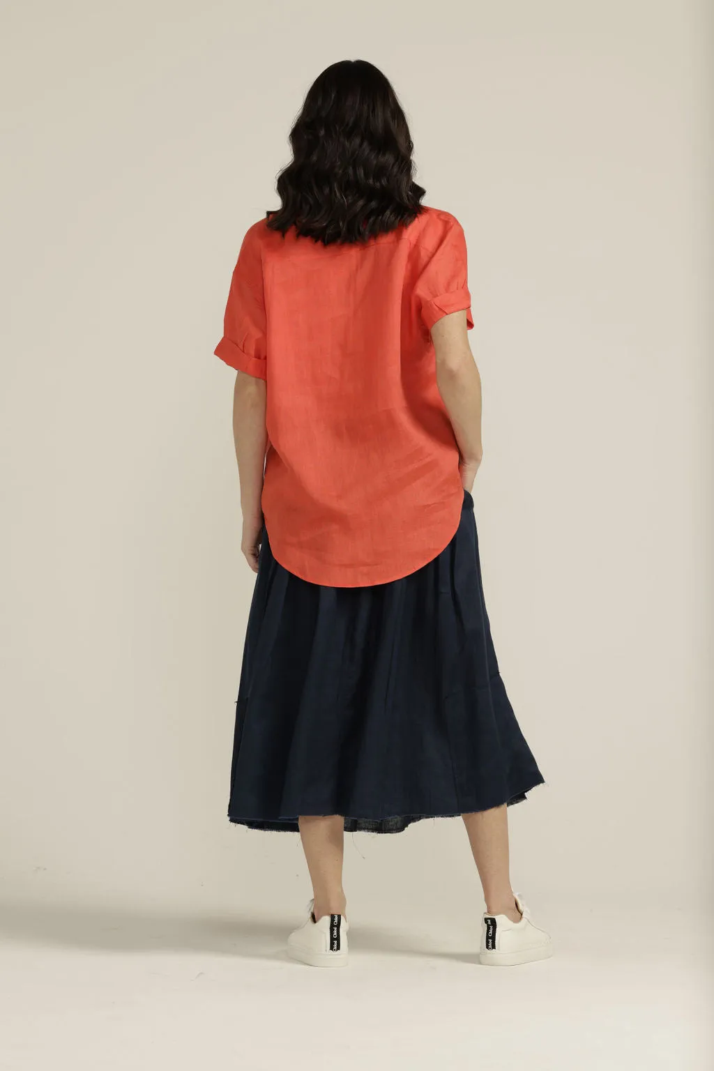 Linen Cuffed Short Sleeve Shirt Chilli
