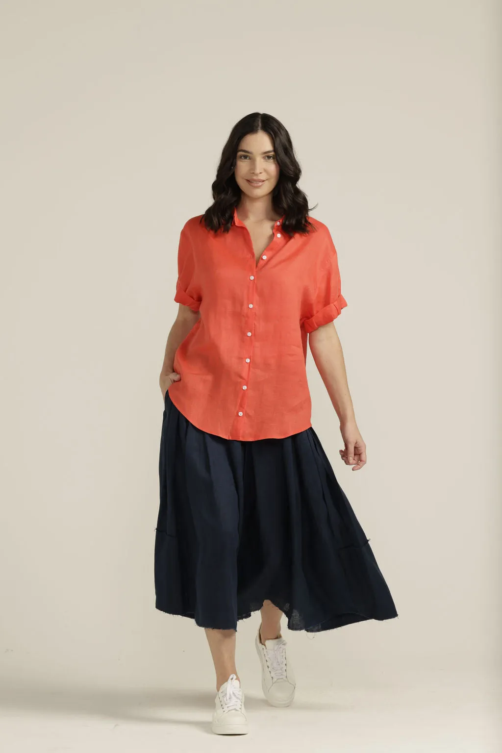 Linen Cuffed Short Sleeve Shirt Chilli