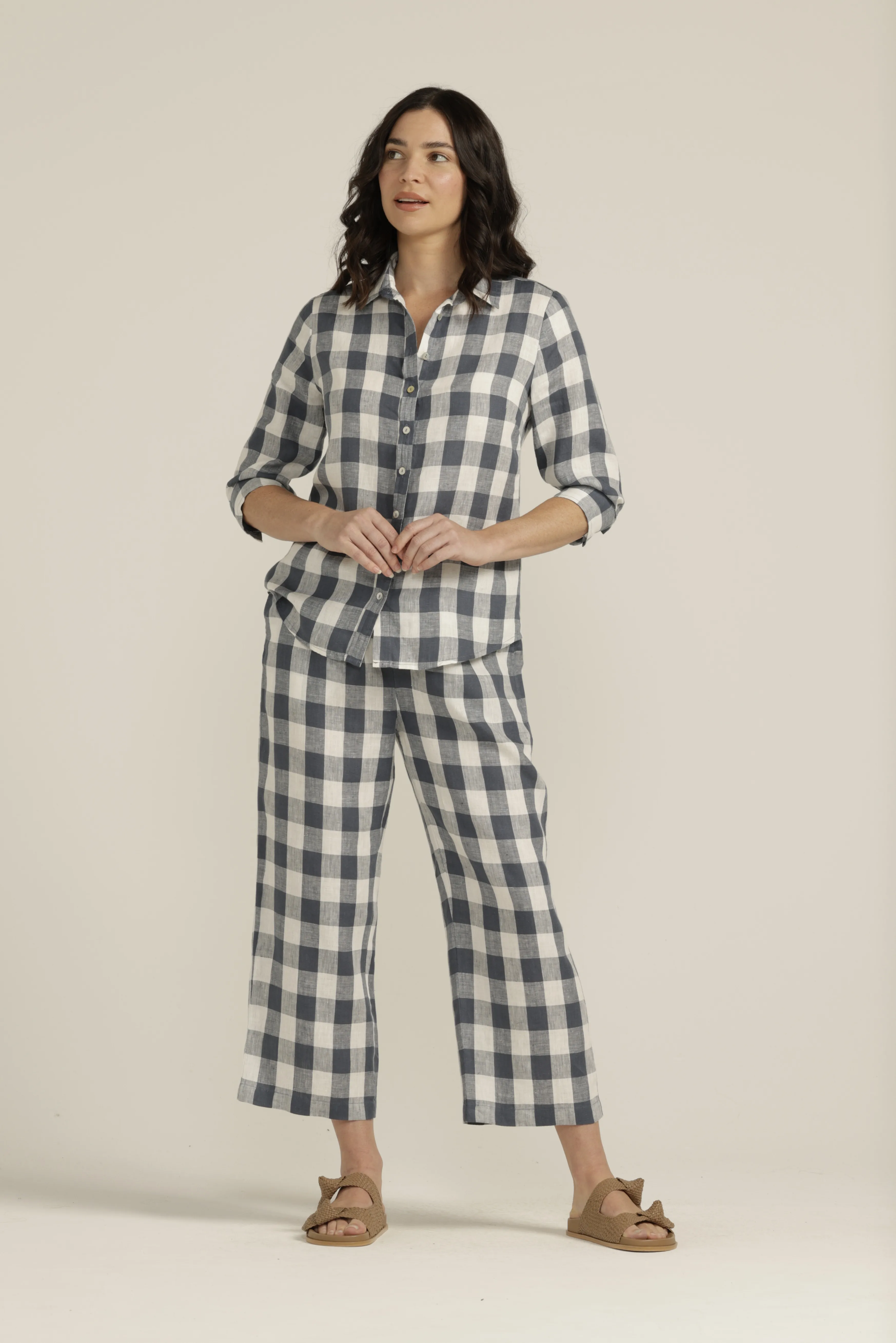 Linen Gingham 3/4 Sleeve Shirt Navy/White