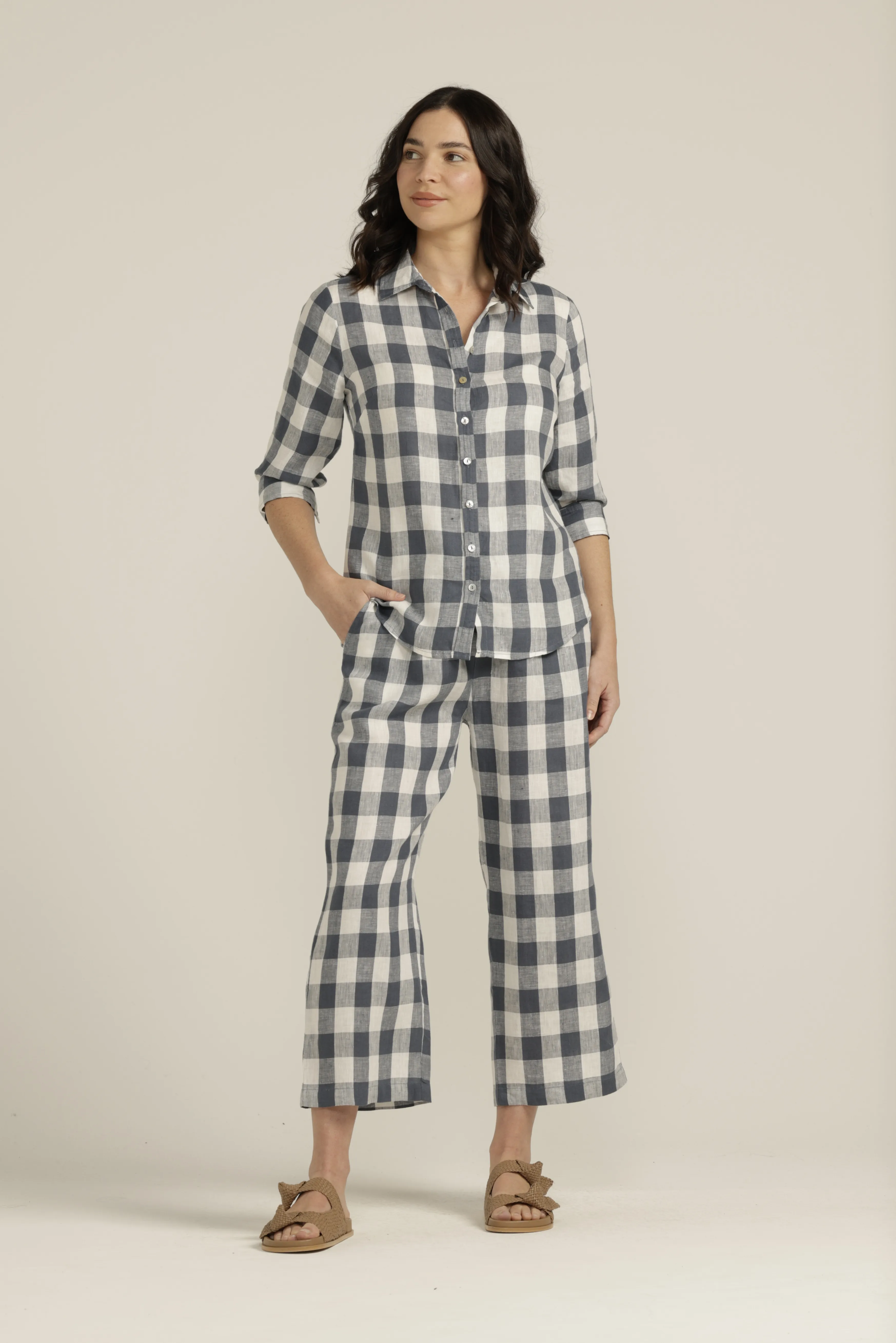 Linen Gingham 3/4 Sleeve Shirt Navy/White