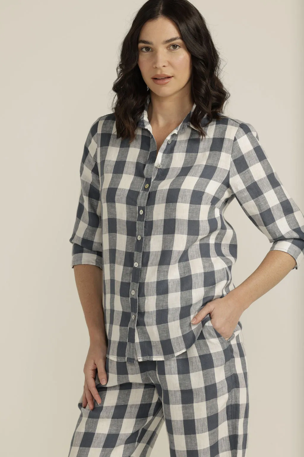 Linen Gingham 3/4 Sleeve Shirt Navy/White