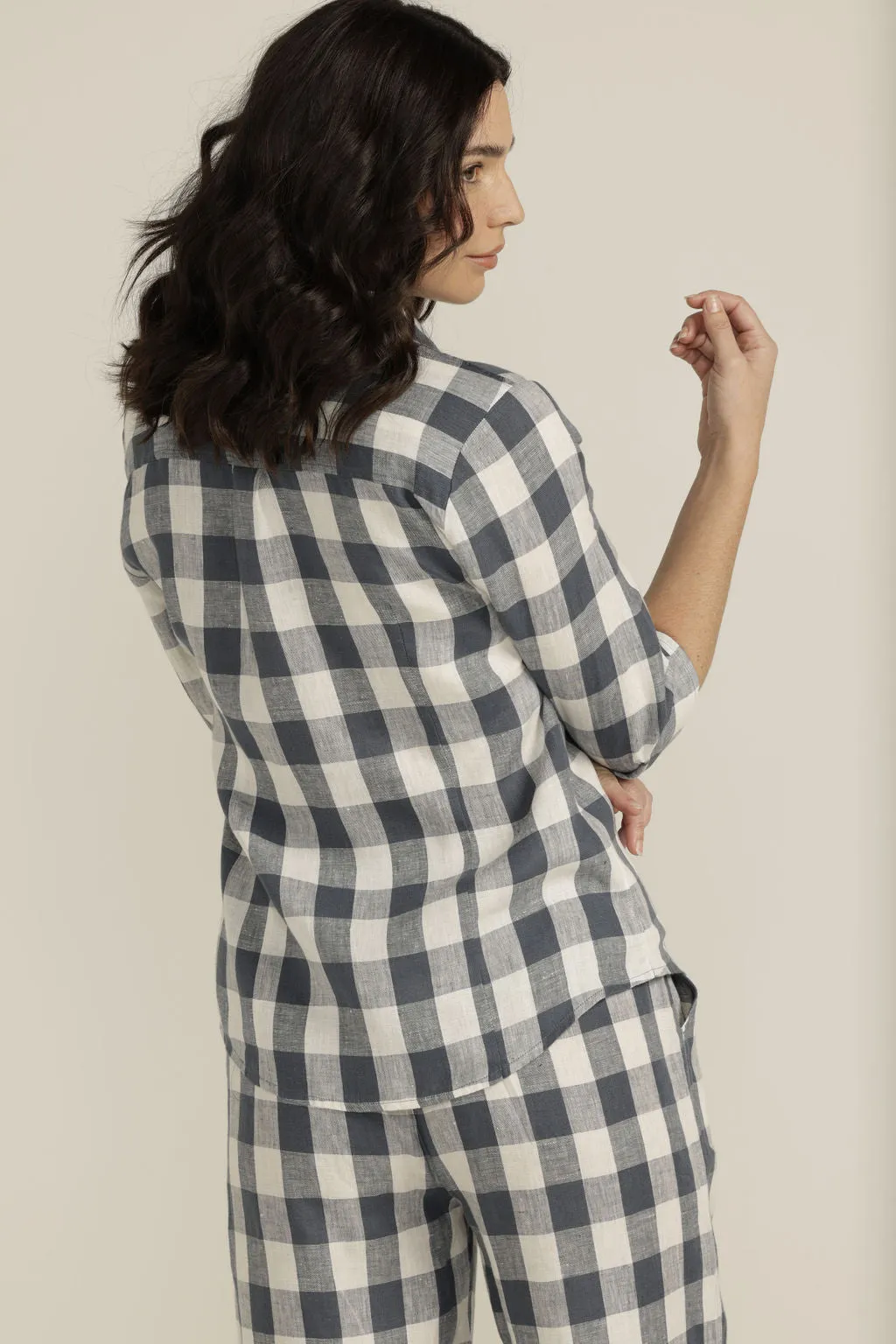 Linen Gingham 3/4 Sleeve Shirt Navy/White