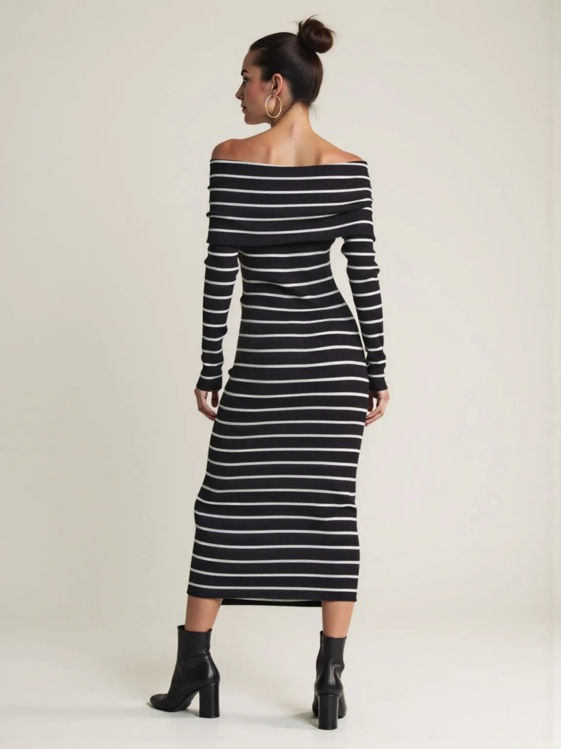 Long Sleeve Striped Rib Knit Midi Sweater Dress