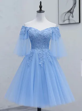 Lovely Light Blue With Lace Off Shoulder Short Prom Dress, Blue Homecoming Dresses     fg3428