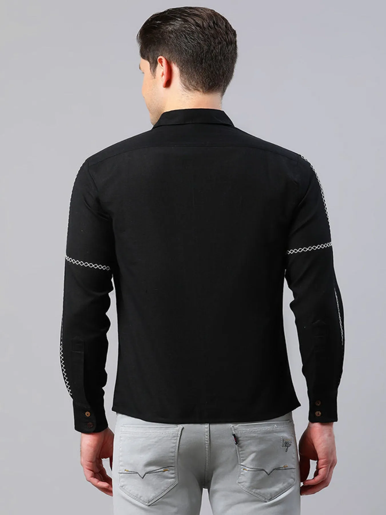 Men Black Cross-Stitch Embroidered Shirt