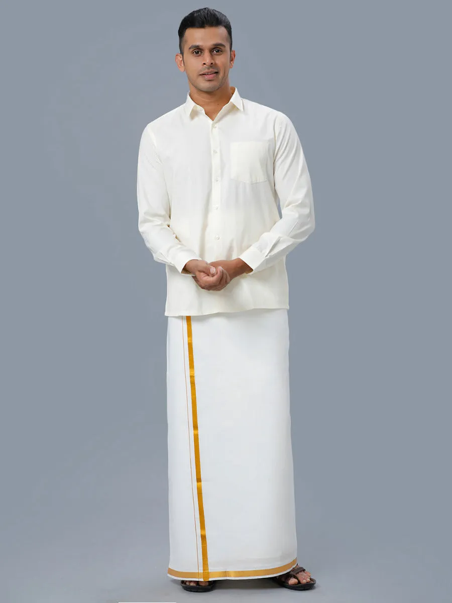 Men Cotton Gold Jari 1/2" inch  Single Dhoti with Full Sleeves Cream Shirt Combo
