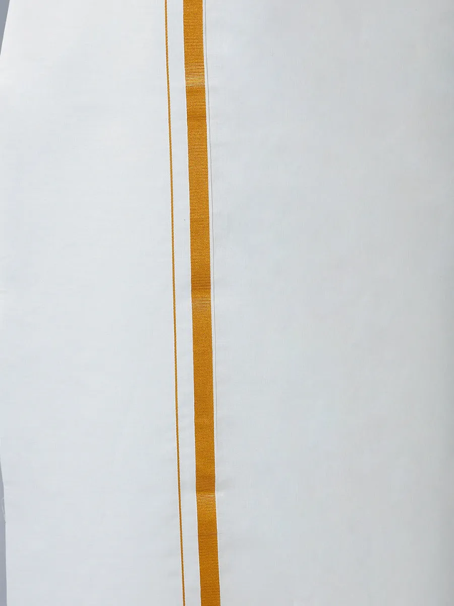 Men Cotton Gold Jari 1/2" inch  Single Dhoti with Full Sleeves Cream Shirt Combo