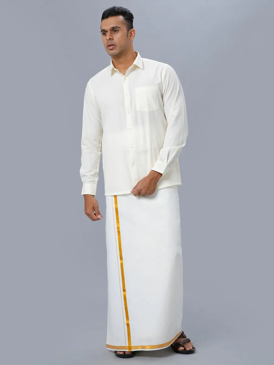 Men Cotton Gold Jari 1/2" inch  Single Dhoti with Full Sleeves Cream Shirt Combo
