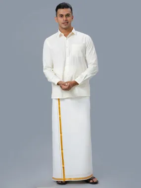Men Cotton Gold Jari 1/2" inch  Single Dhoti with Full Sleeves Cream Shirt Combo