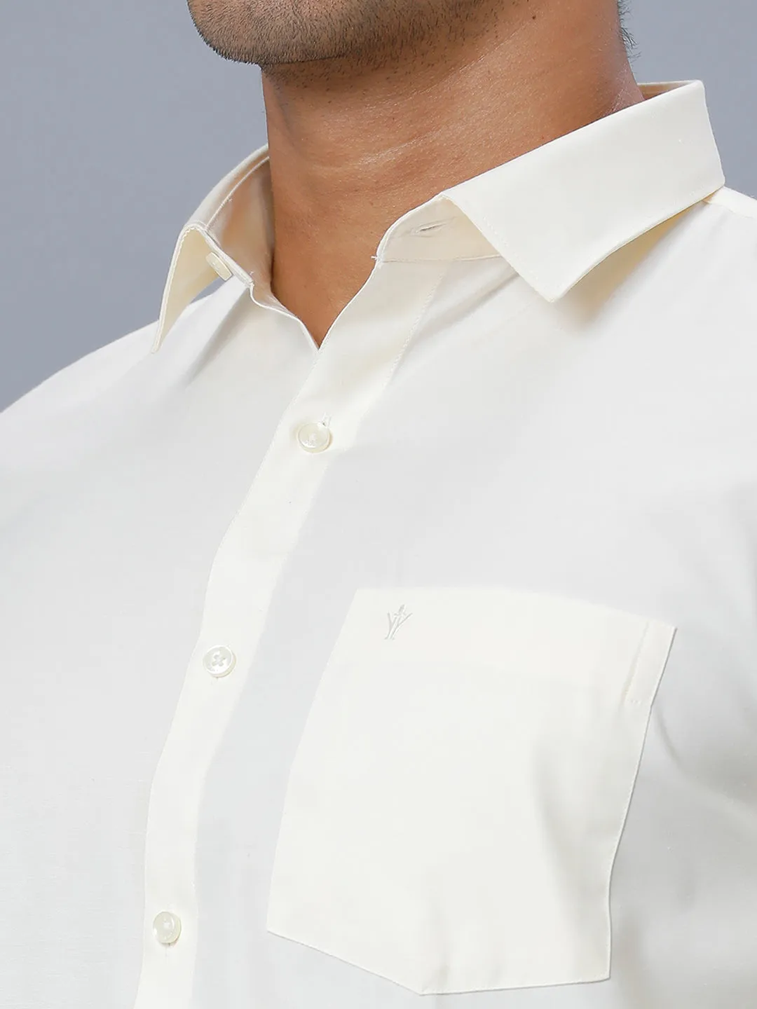 Men Cotton Gold Jari 1/2" inch  Single Dhoti with Full Sleeves Cream Shirt Combo