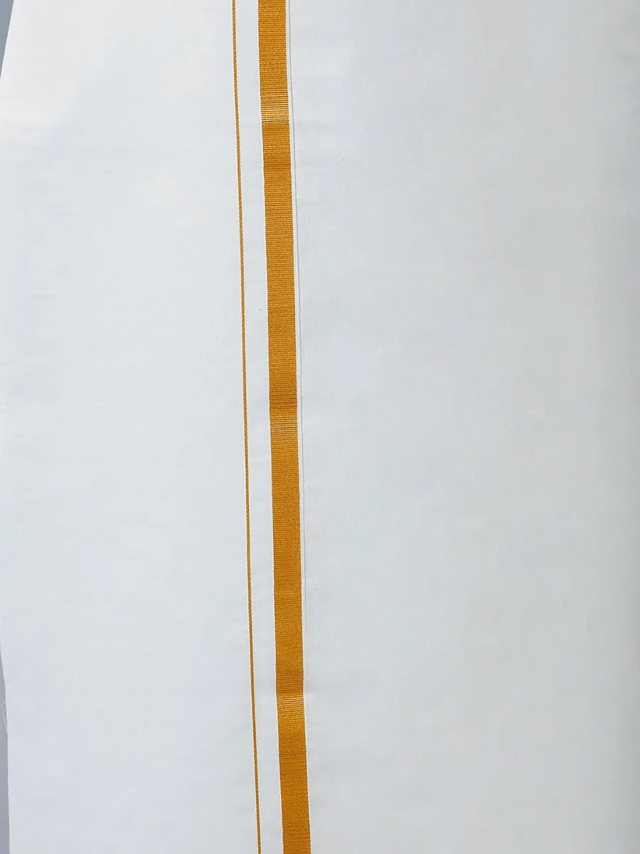 Men Cotton Gold Jari 3/4" inch Double Dhoti with Full Sleeves Cream Shirt Combo