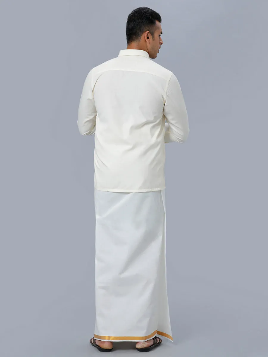 Men Cotton Gold Jari 3/4" inch Double Dhoti with Full Sleeves Cream Shirt Combo