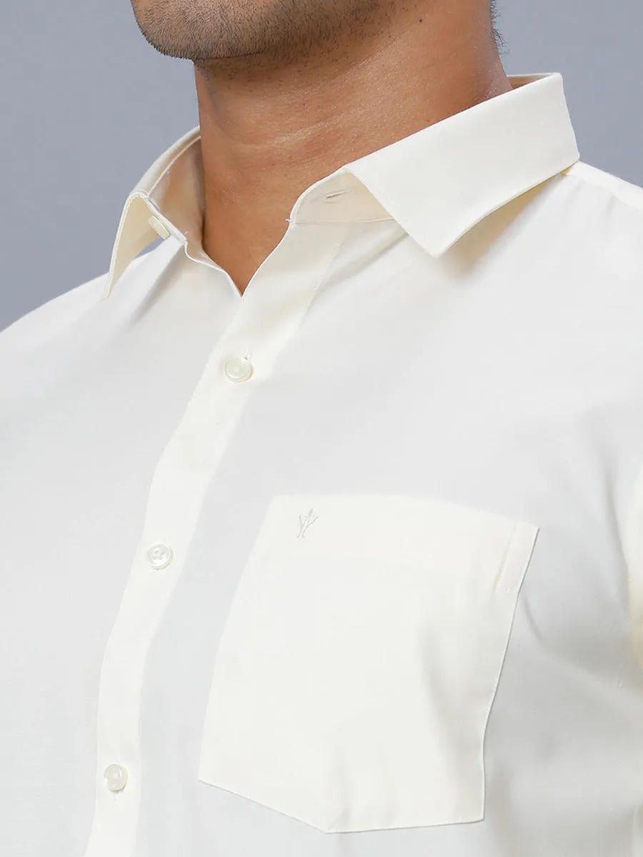 Men Cotton Gold Jari 3/4" inch Double Dhoti with Full Sleeves Cream Shirt Combo