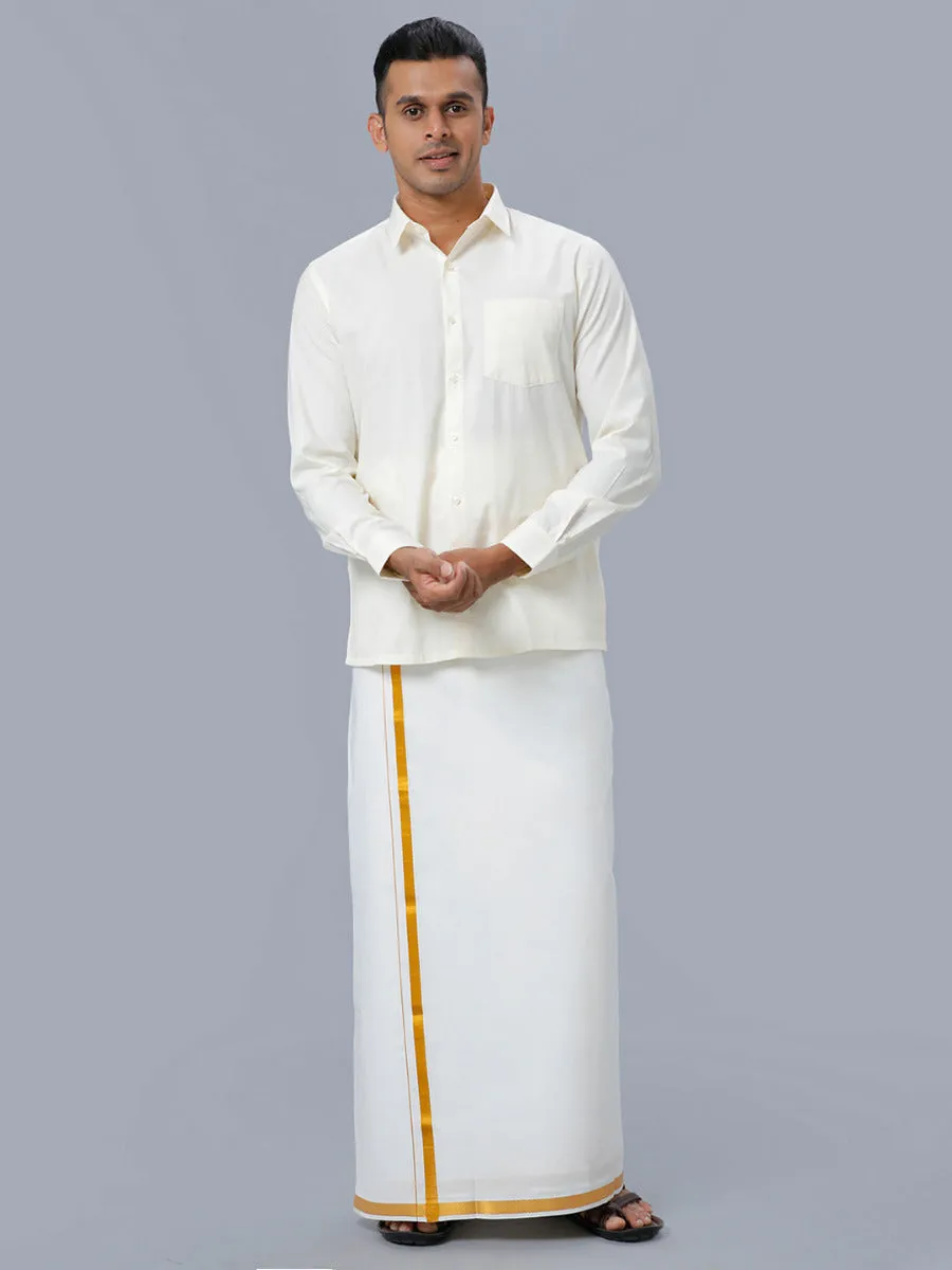 Men Cotton Gold Jari 3/4" inch Double Dhoti with Full Sleeves Cream Shirt Combo