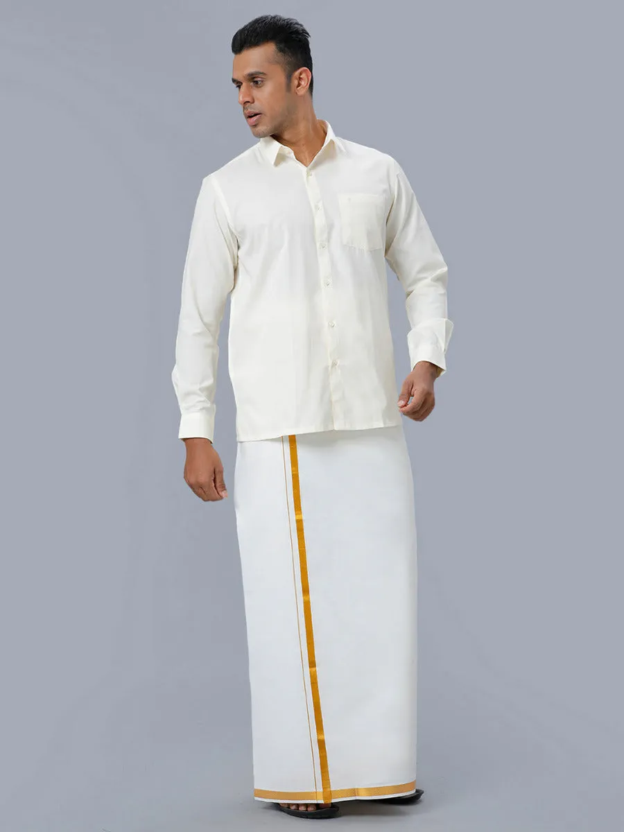 Men Cotton Gold Jari 3/4" inch Double Dhoti with Full Sleeves Cream Shirt Combo