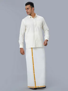 Men Cotton Gold Jari 3/4" inch Double Dhoti with Full Sleeves Cream Shirt Combo