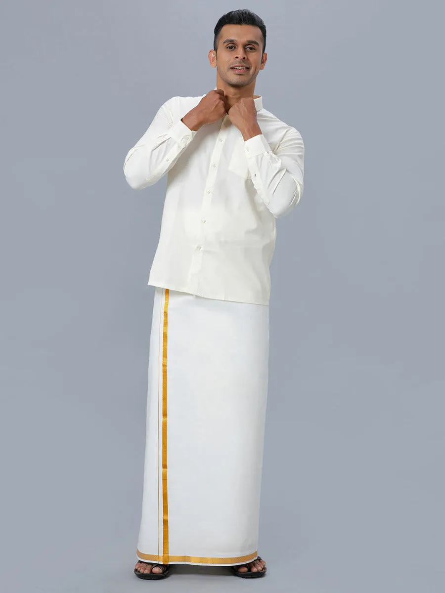 Men Cotton Gold Jari 3/4" inch Double Dhoti with Full Sleeves Cream Shirt Combo