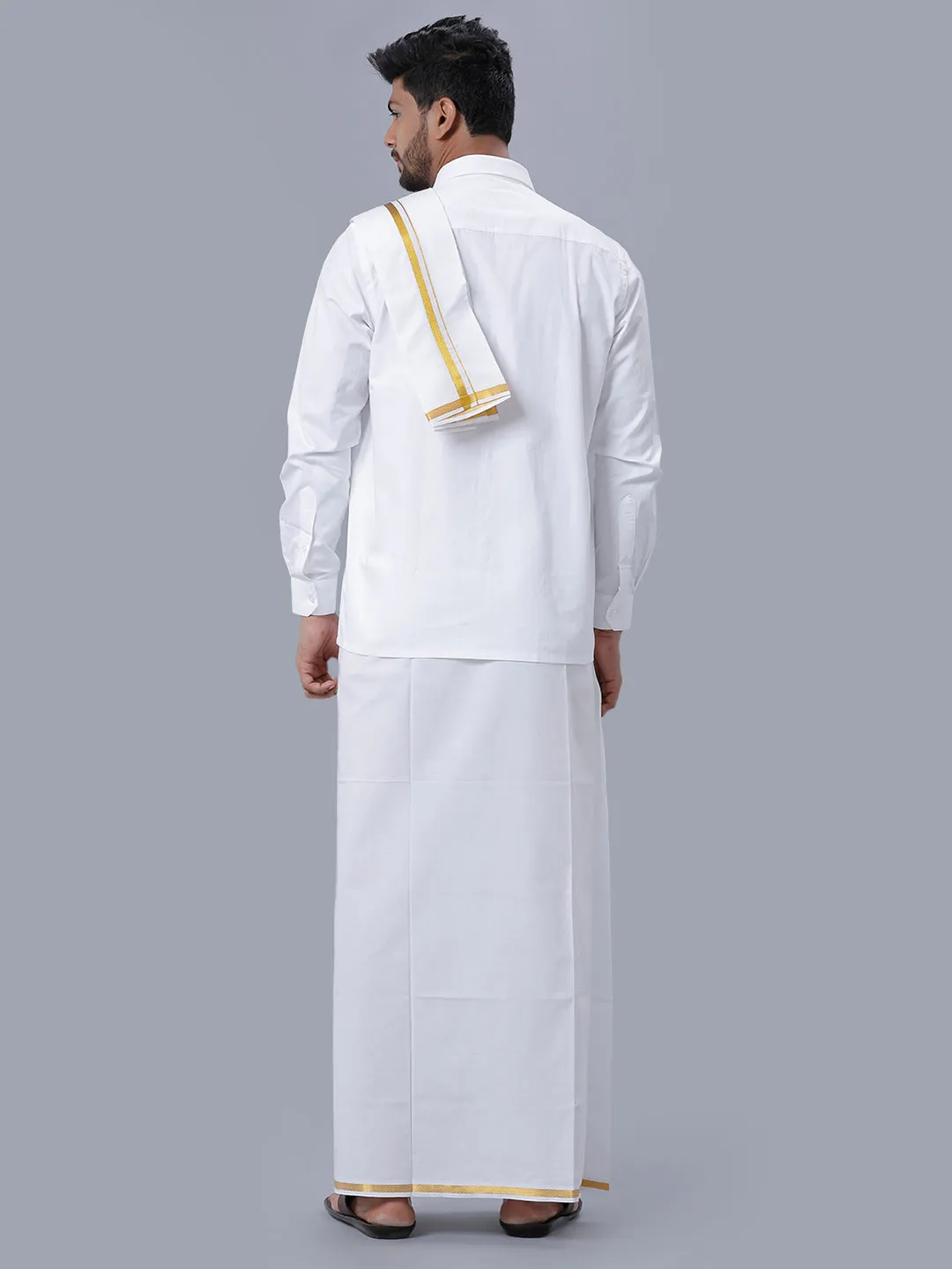 Men Cotton White Full Sleeves Shirt, Single Dhoti, Towel & Belt Combo