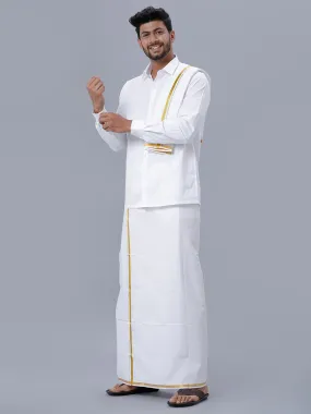 Men Cotton White Full Sleeves Shirt, Single Dhoti, Towel & Belt Combo