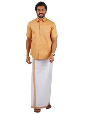 Men Readymade Adjustable Dhoti with Matching Shirt Half Mustard C1