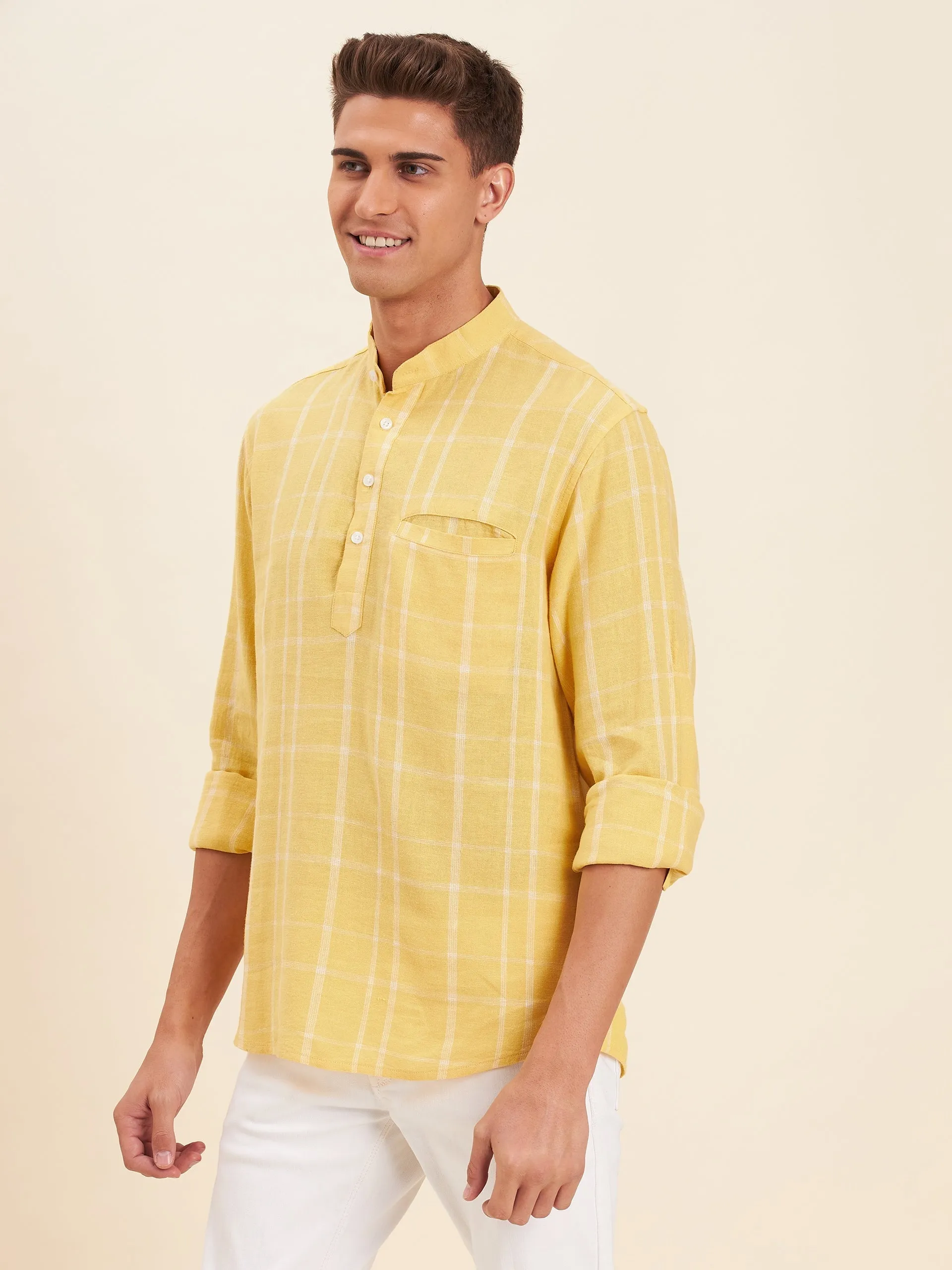 Men Yellow & White Check Roll-Up Sleeves Kurta Shirt