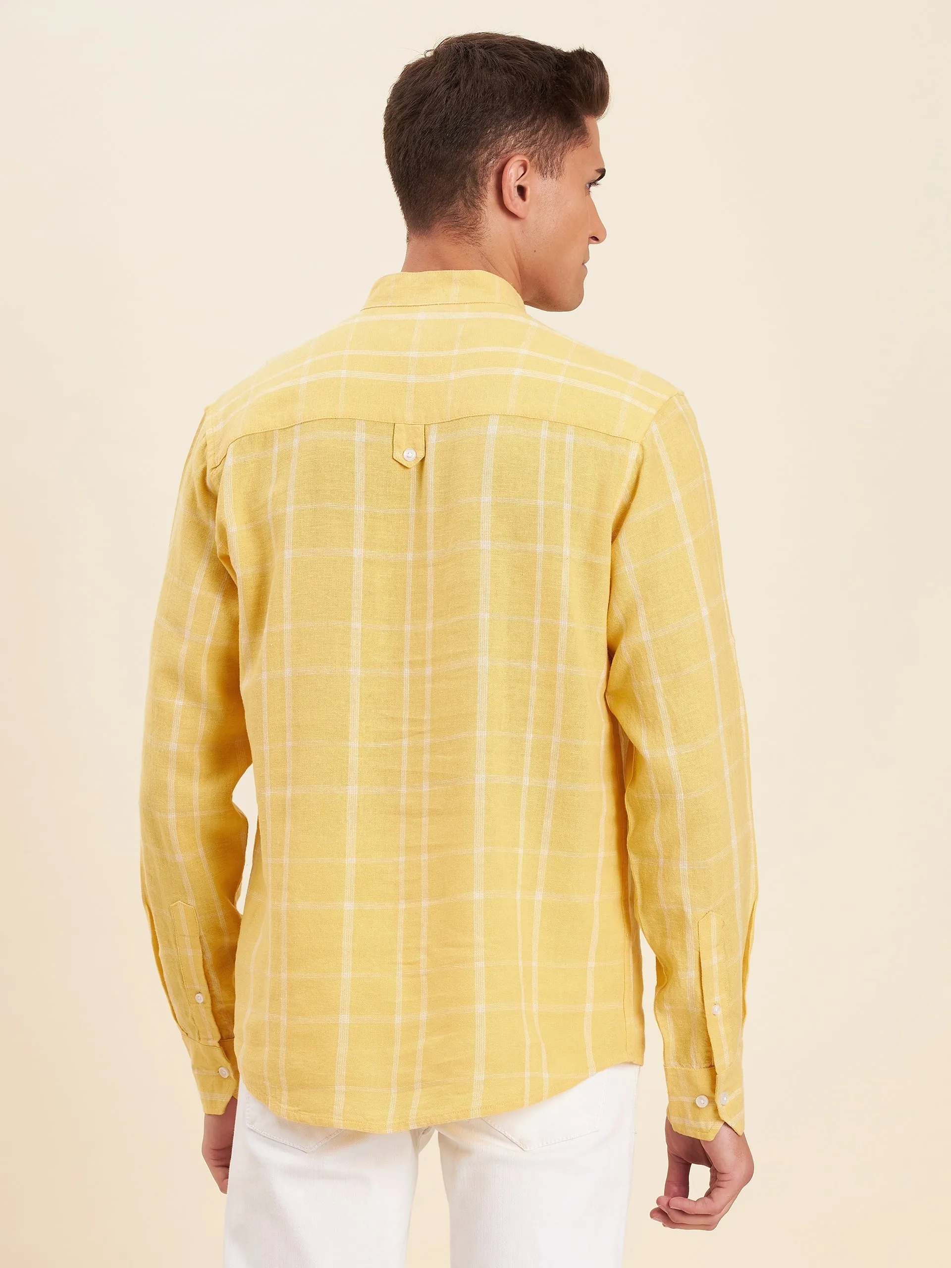 Men Yellow & White Check Roll-Up Sleeves Kurta Shirt