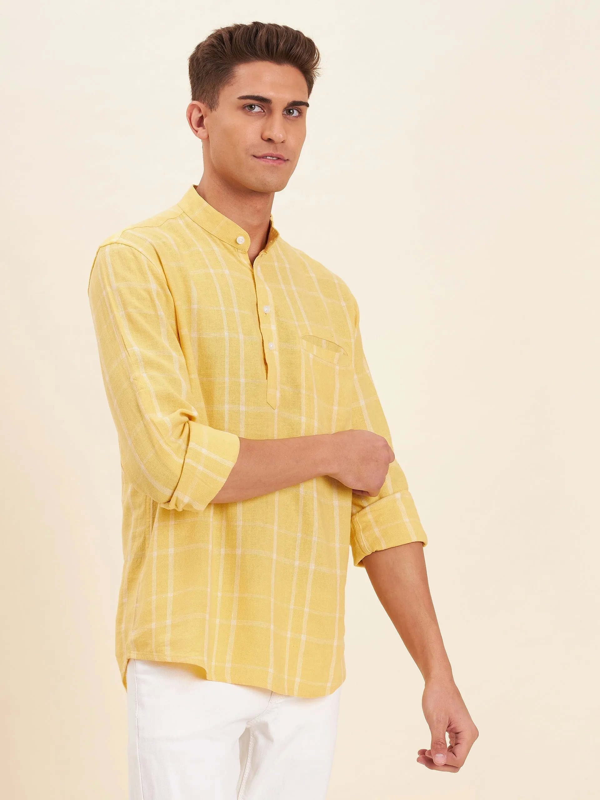 Men Yellow & White Check Roll-Up Sleeves Kurta Shirt