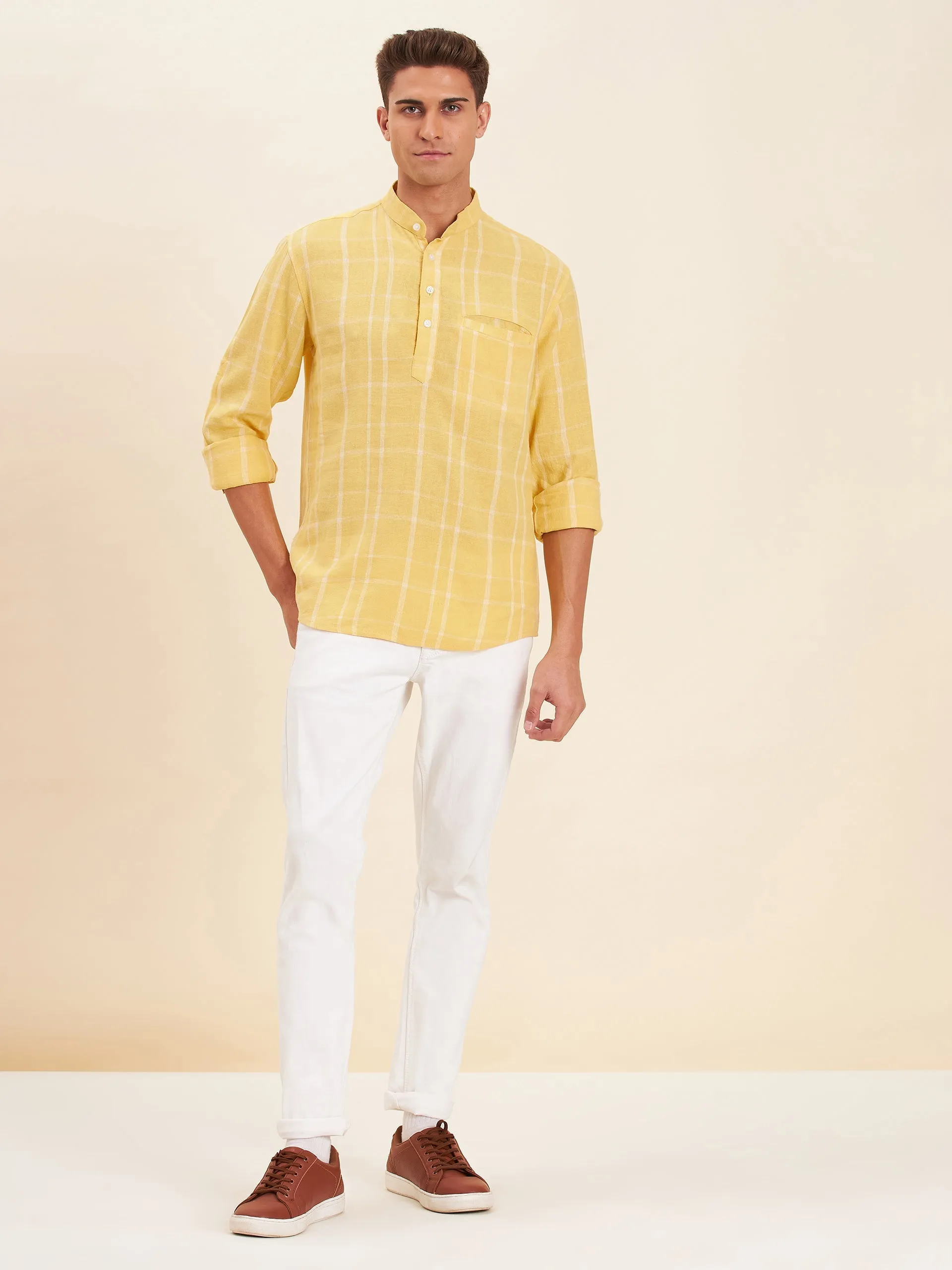 Men Yellow & White Check Roll-Up Sleeves Kurta Shirt