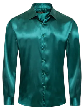Men's Green Shiny Satin Silk Dress Shirt Long Sleeve Casual Slim Fit