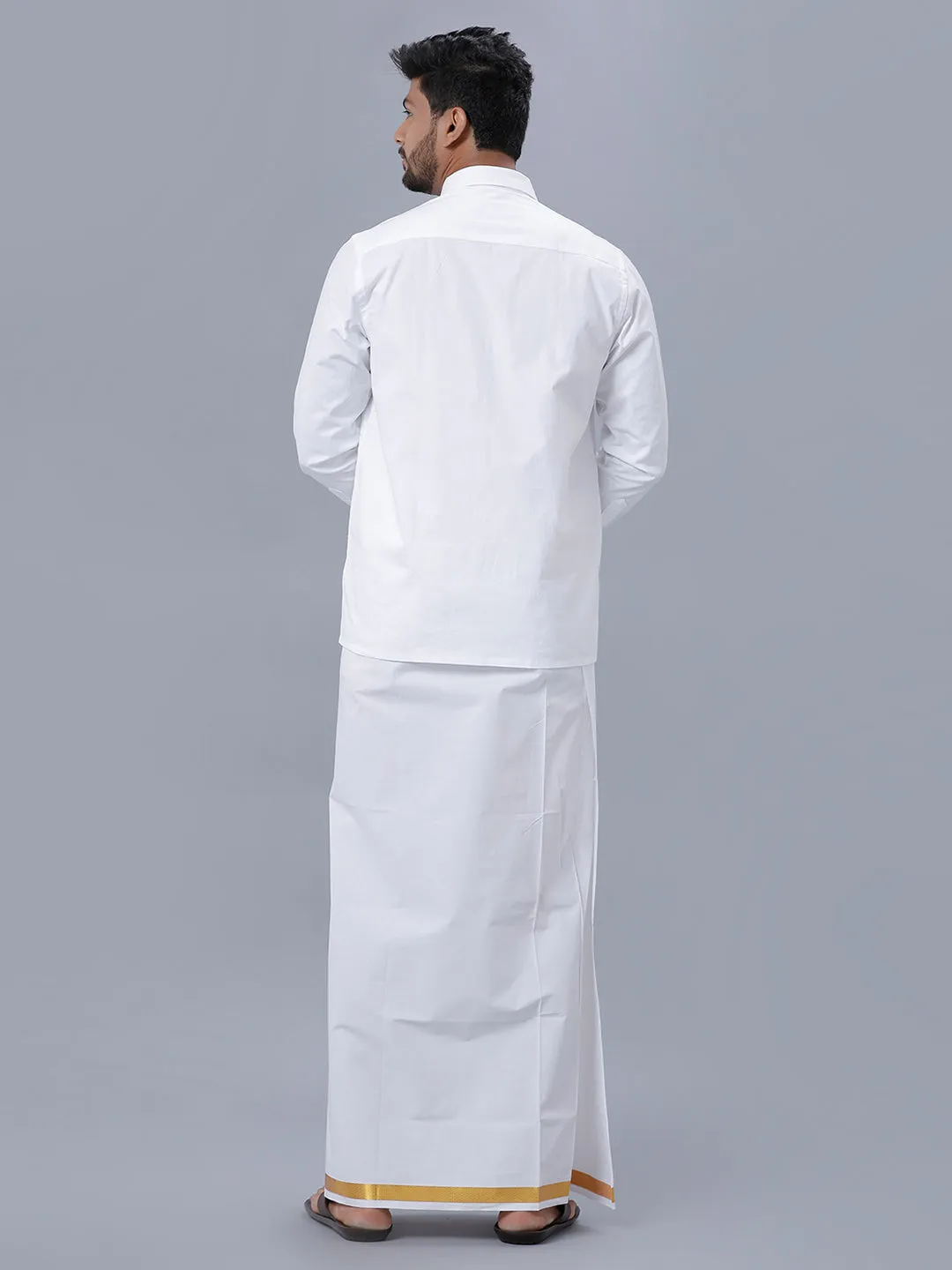 Mens Pure Cotton White Shirt with 1'' Gold Jari Double Dhoti Combo