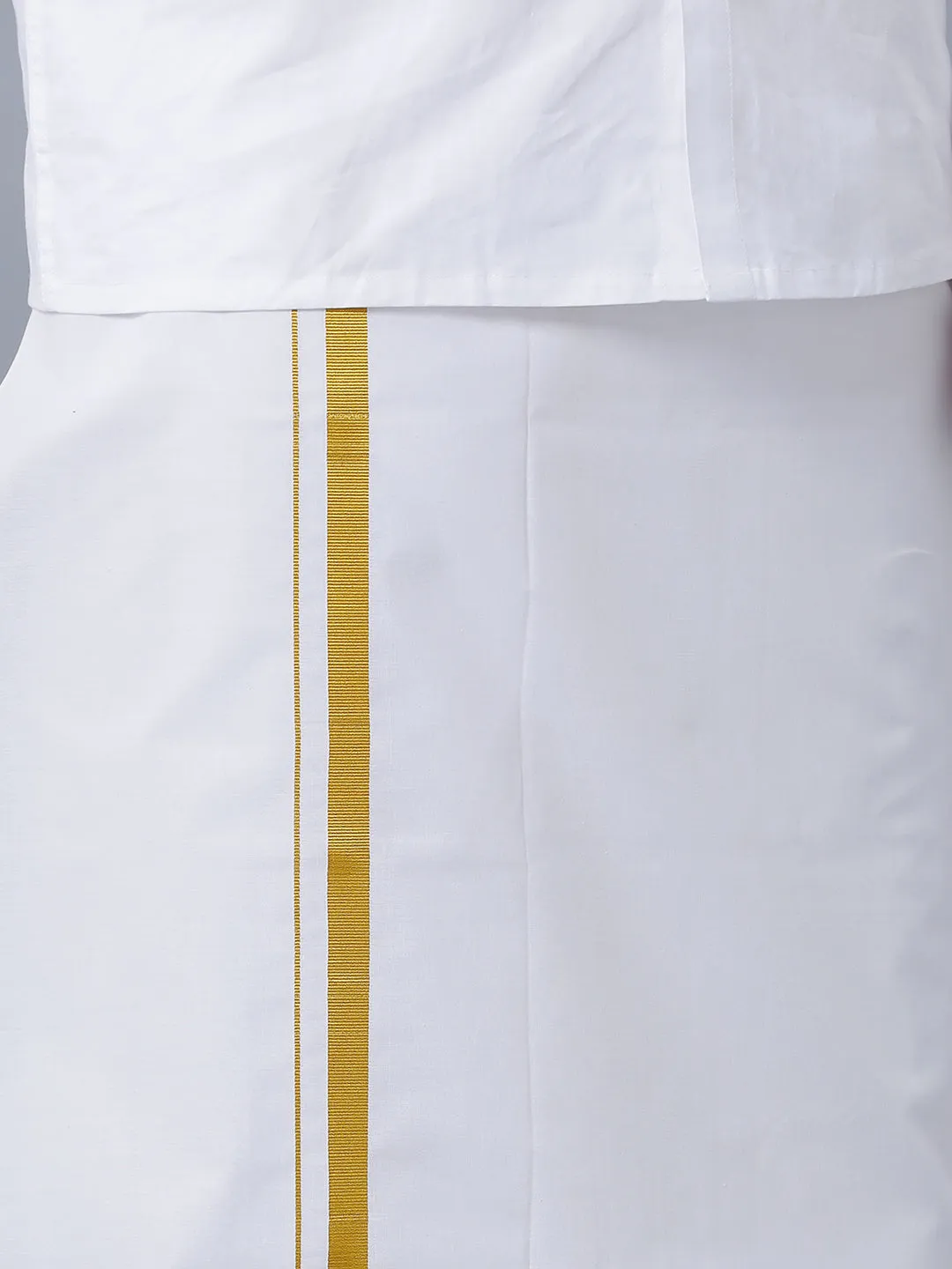 Mens Pure Cotton White Shirt with 1'' Gold Jari Double Dhoti Combo