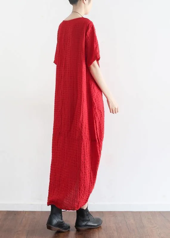 Natural short sleeve linen clothes Tutorials red plaid Dress summer