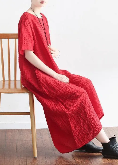 Natural short sleeve linen clothes Tutorials red plaid Dress summer