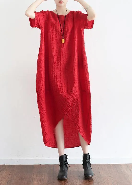 Natural short sleeve linen clothes Tutorials red plaid Dress summer