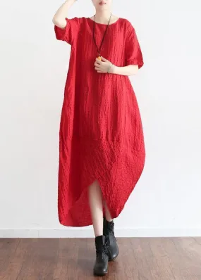 Natural short sleeve linen clothes Tutorials red plaid Dress summer