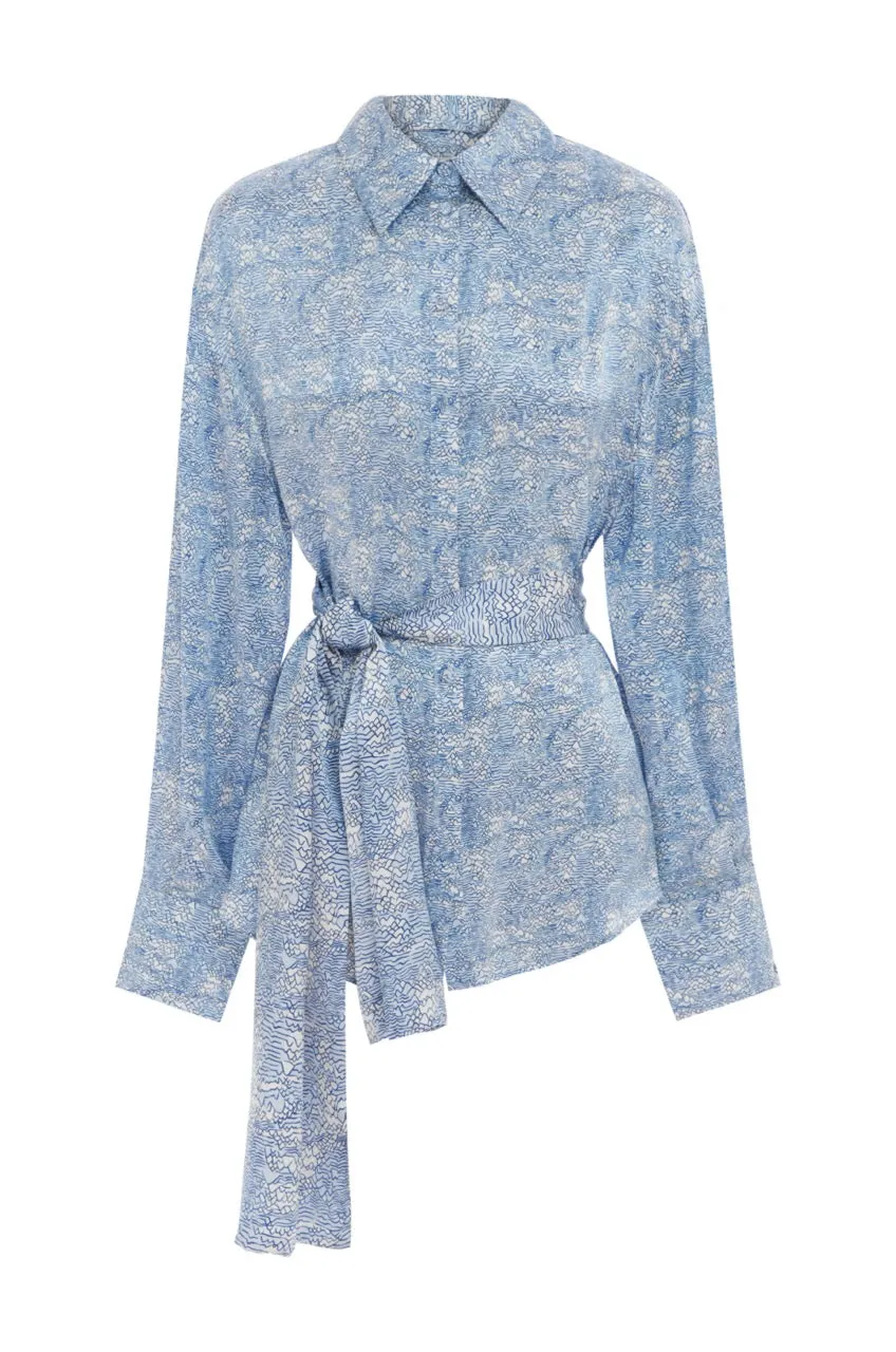 Ocean Tie Front Silk Shirt - Ocean Shell Print