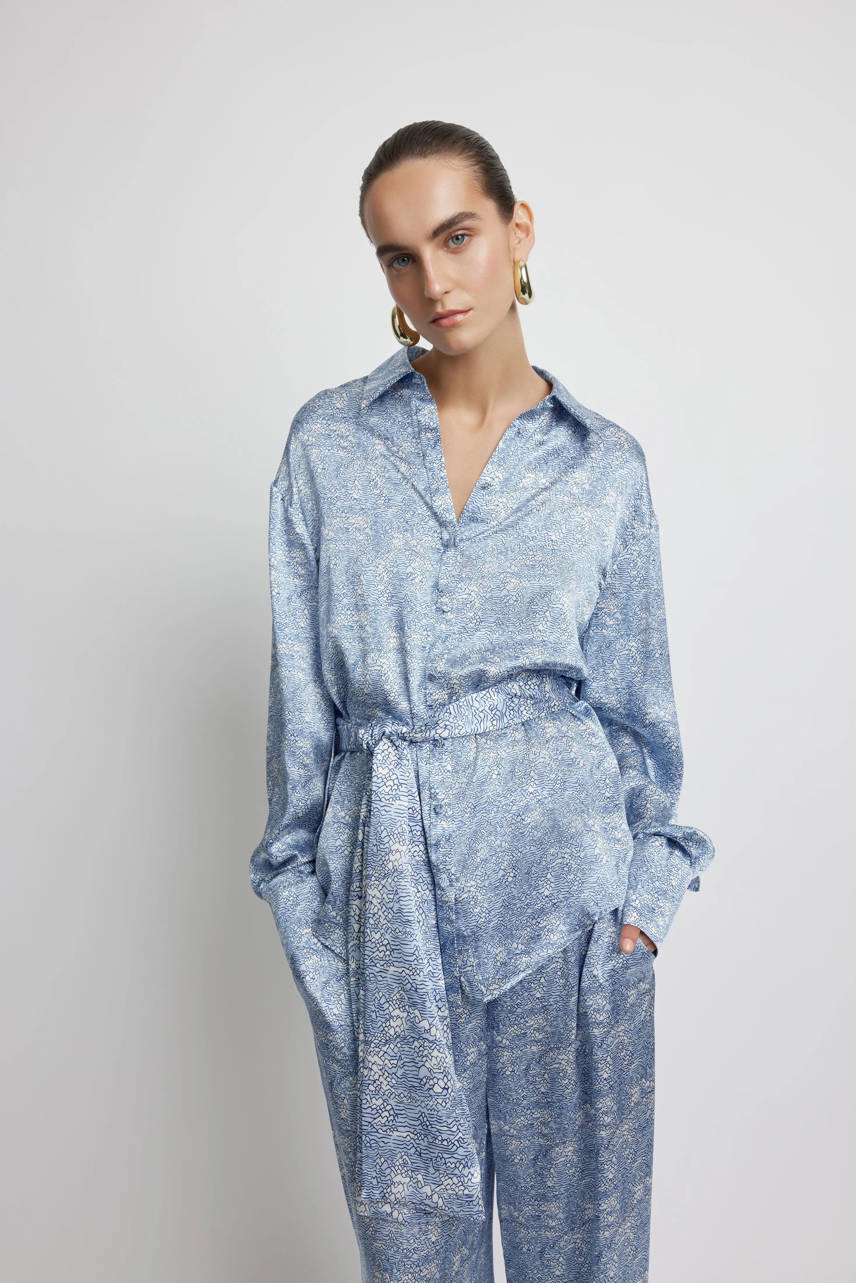 Ocean Tie Front Silk Shirt - Ocean Shell Print