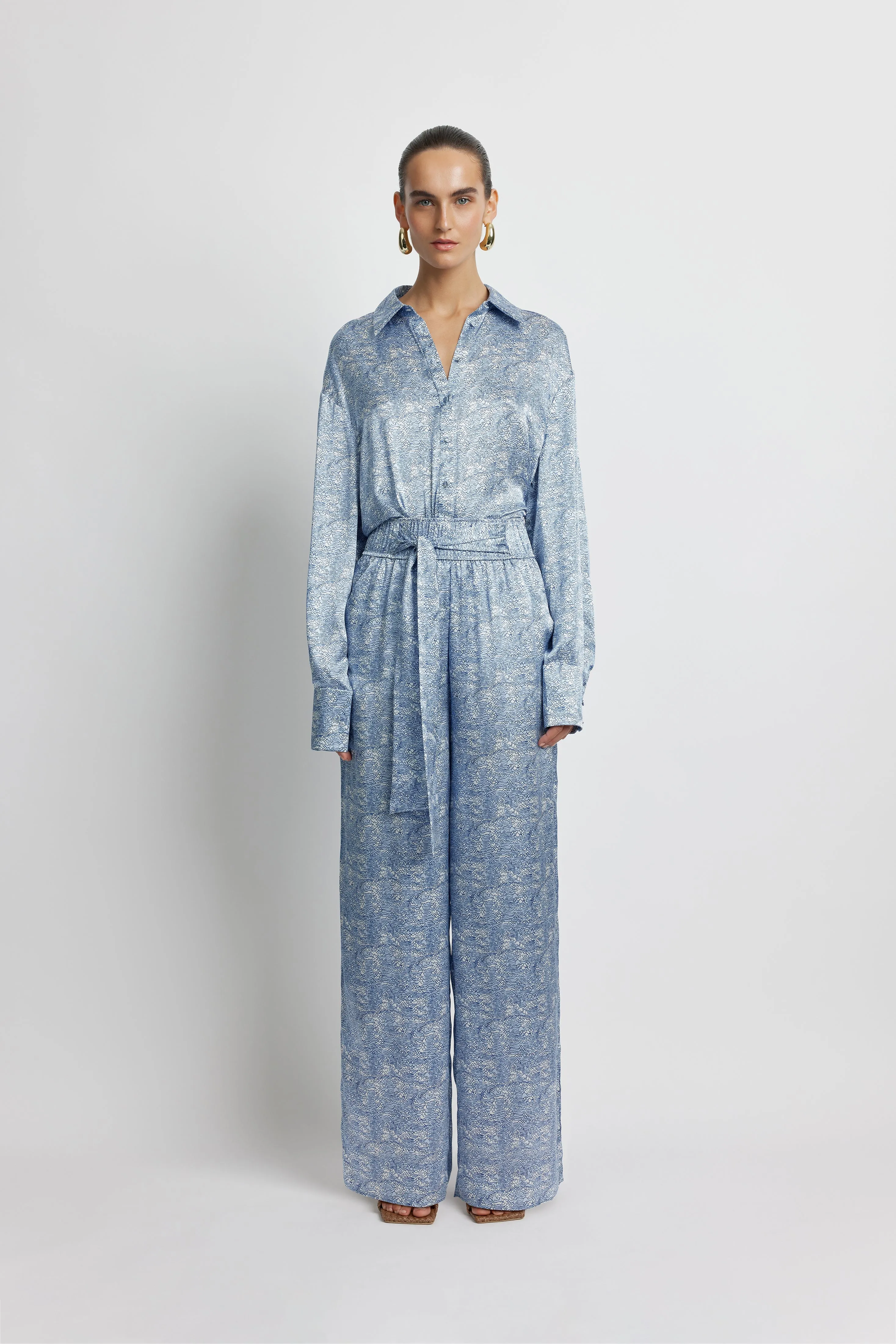 Ocean Tie Front Silk Shirt - Ocean Shell Print
