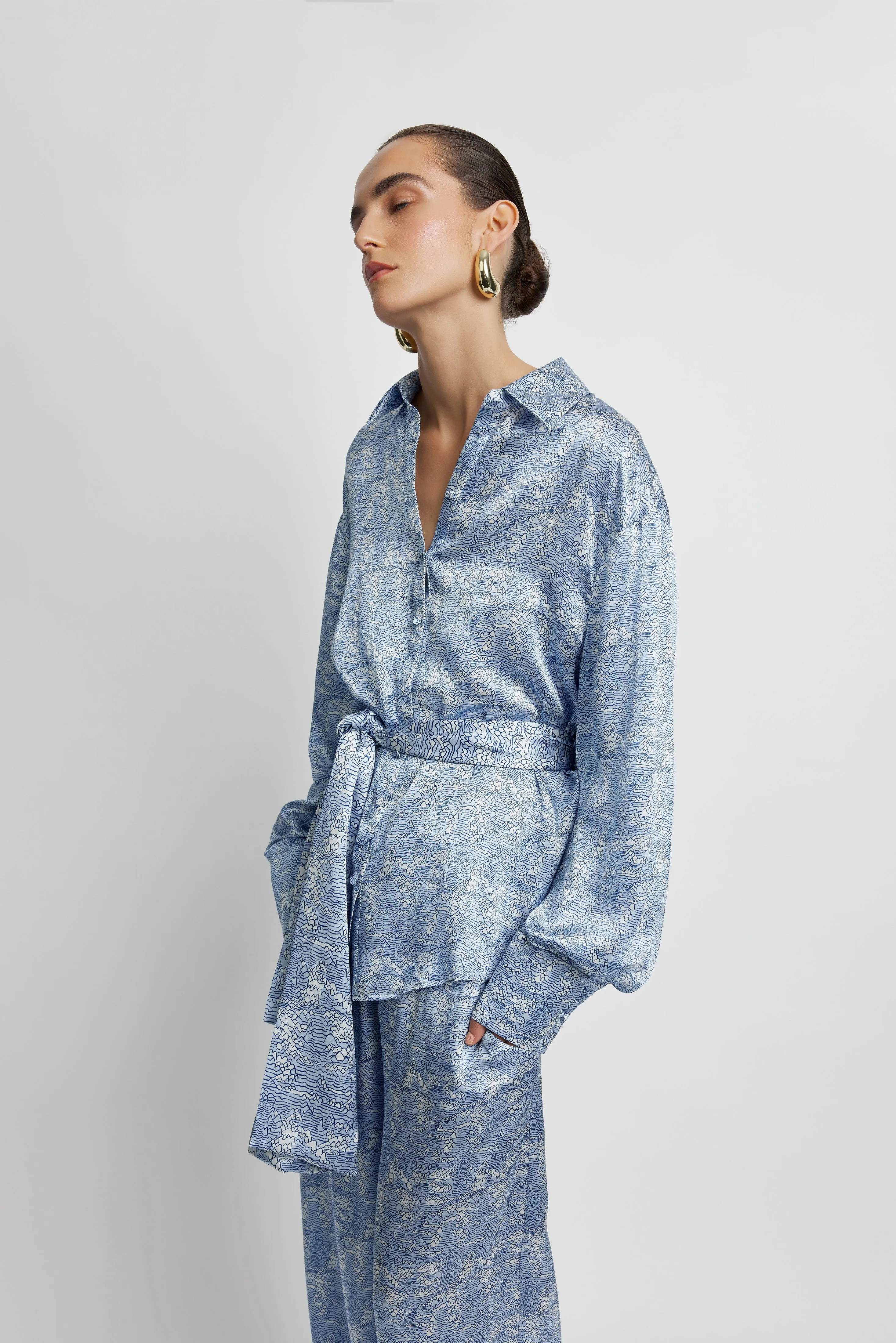 Ocean Tie Front Silk Shirt - Ocean Shell Print
