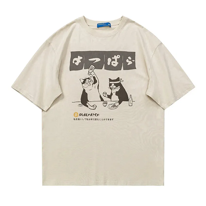 Oversized T-Shirt With Drinking Cats