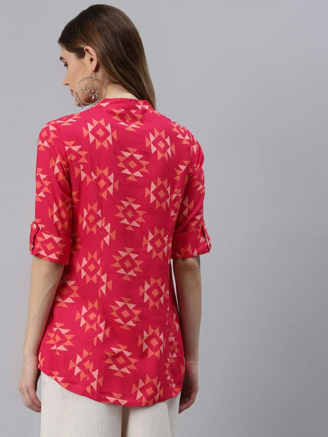 Pink Geometric Print Rayon Shirt Style Top