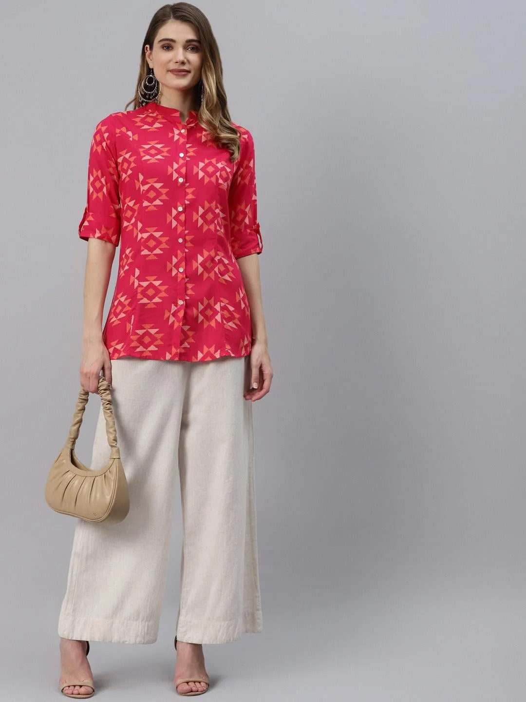 Pink Geometric Print Rayon Shirt Style Top