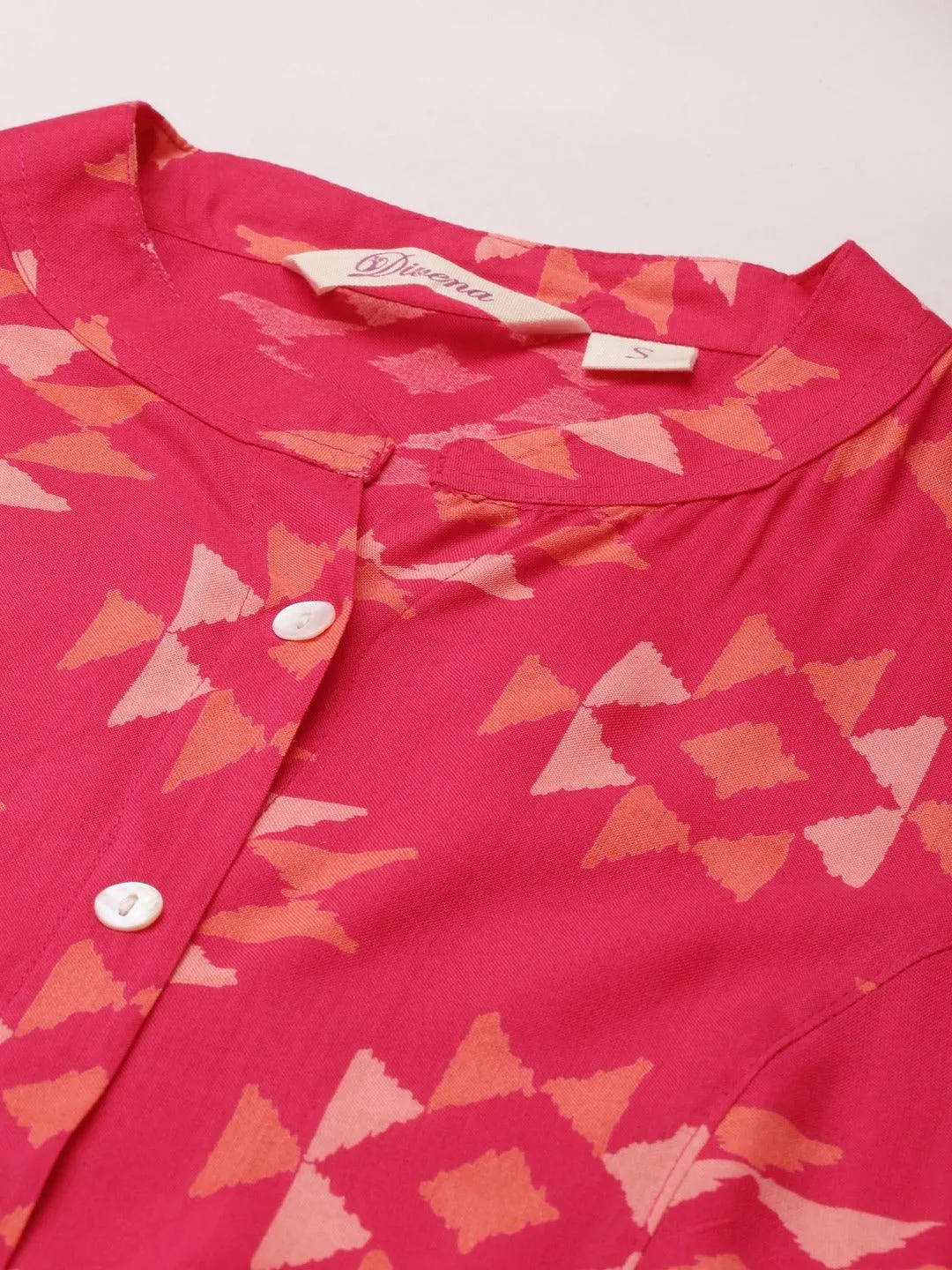 Pink Geometric Print Rayon Shirt Style Top