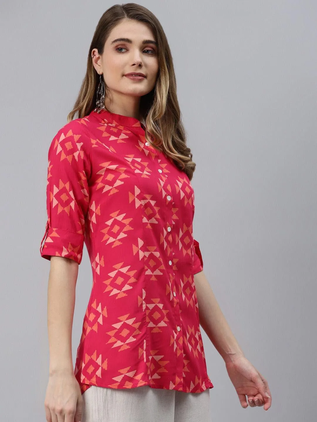 Pink Geometric Print Rayon Shirt Style Top