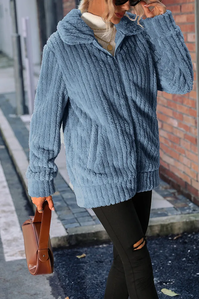 Plain Open Zipper Rib Fleece Winter Outfits Coat